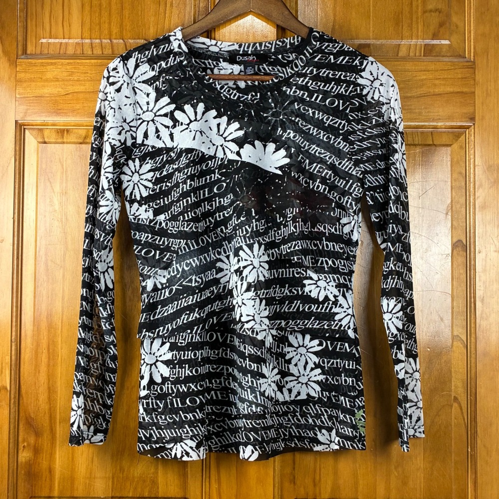 Dusak Designs Y2K Long Sleeve Mesh Top Size P/S Black White Floral Lettering